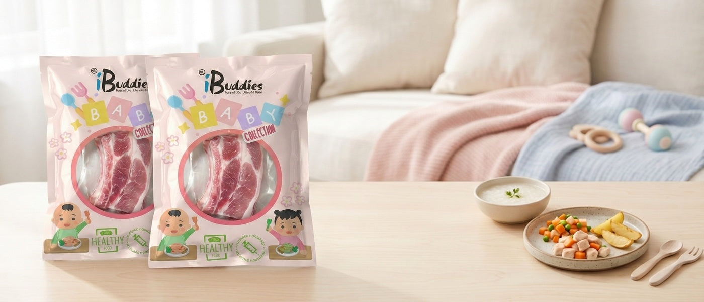 Existing iBuddies Baby Portion Collection packaging and mealtime scene