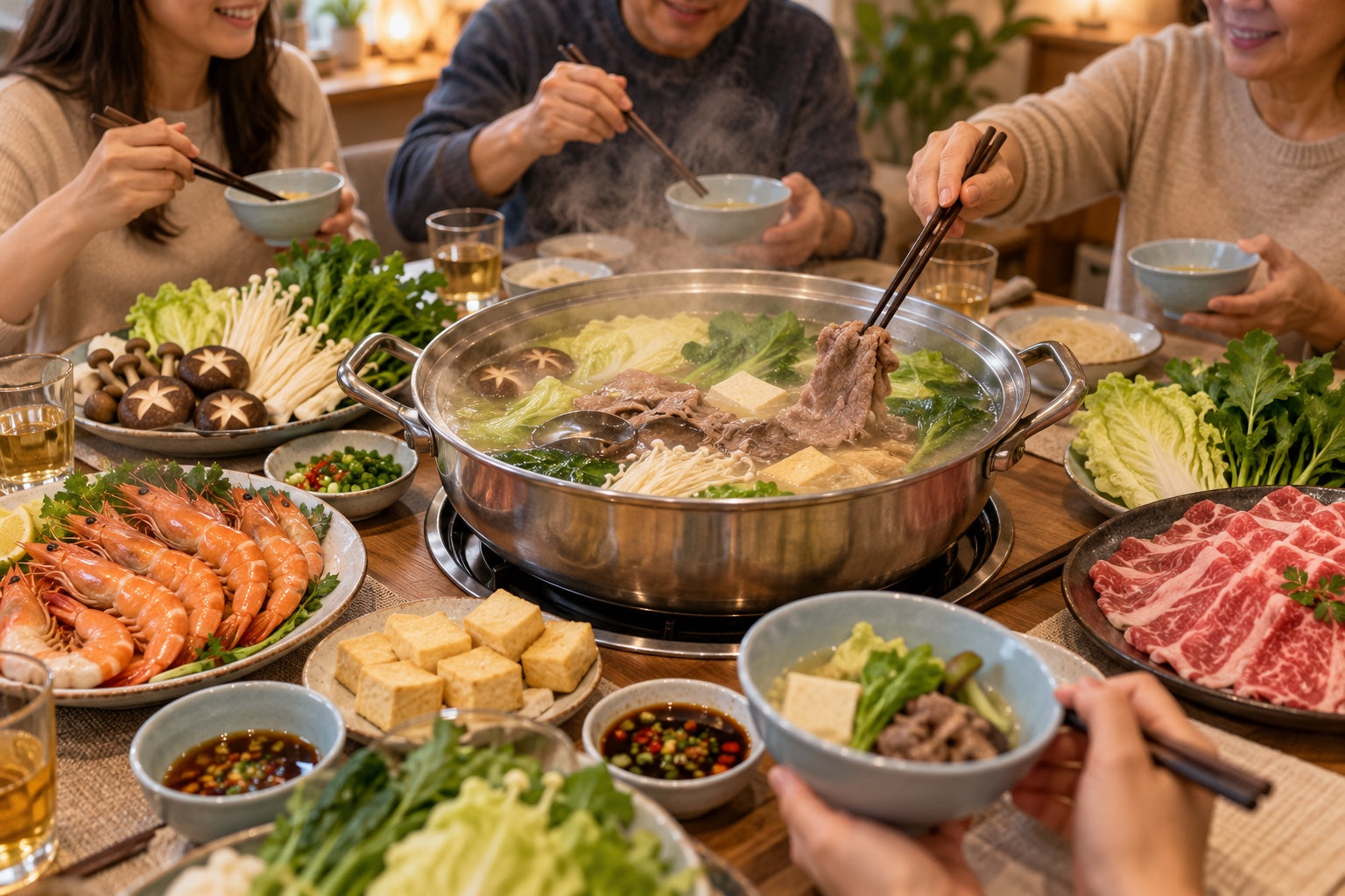 A shared hotpot meal with ingredients arranged around the pot