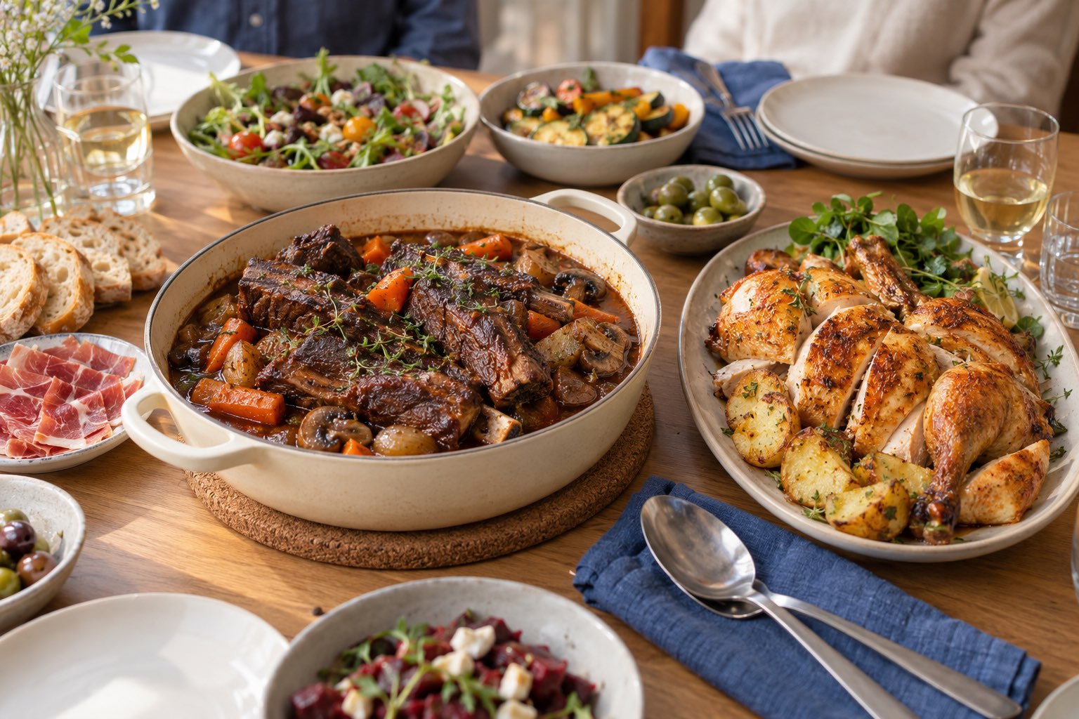 A sharing table with a braised beef dish, carved roast chicken and other dishes.