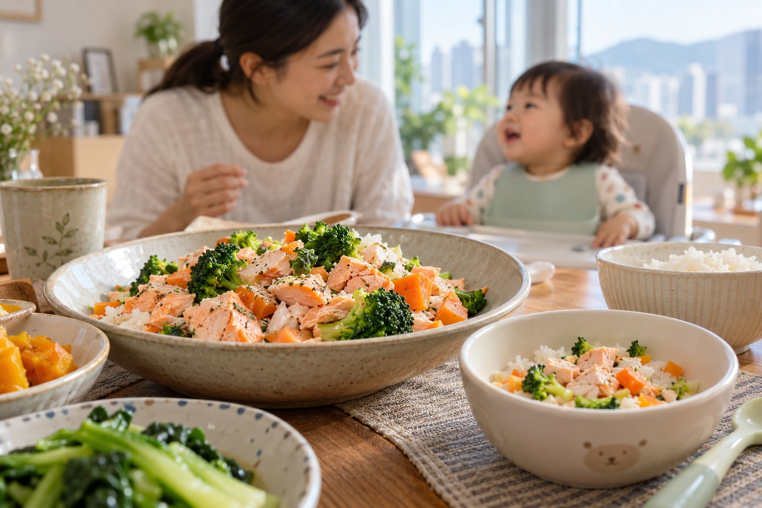 A shared meal in the foreground, with a parent and baby at the table.