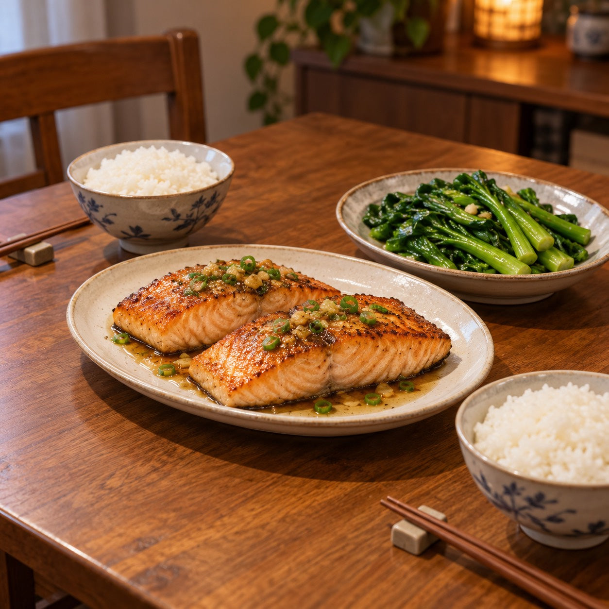 Two golden pan-seared salmon portions on a shared plate, a separate dish of stir-fried greens and two rice bowls on a warm home table.