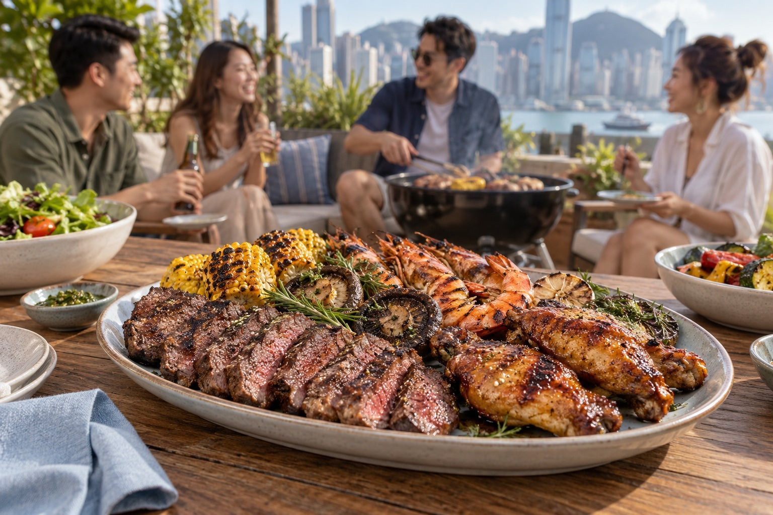 Grilled food at an outdoor gathering, with people sharing a meal