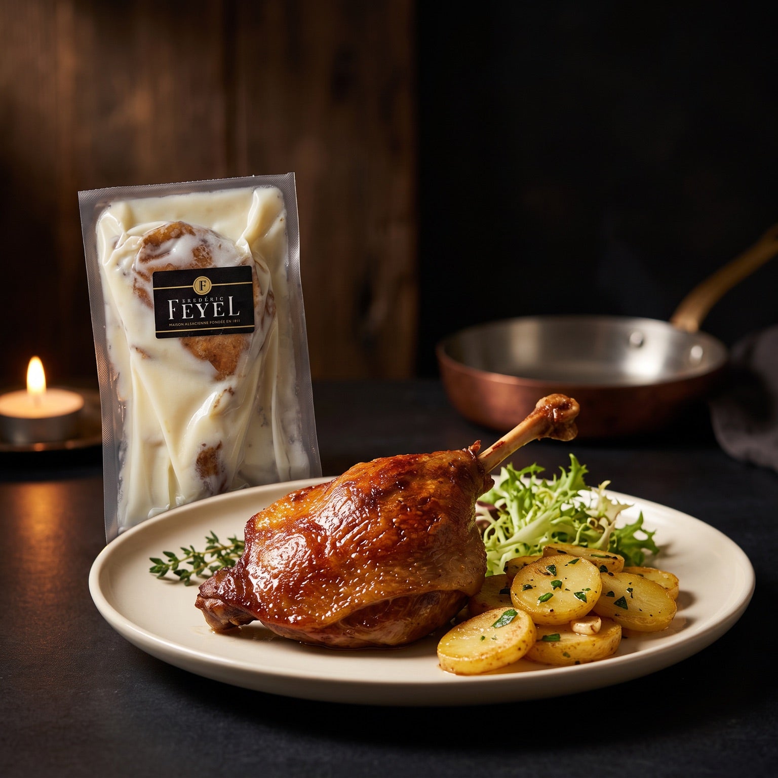 A cooked confit duck leg with potatoes and salad, beside its product pack.