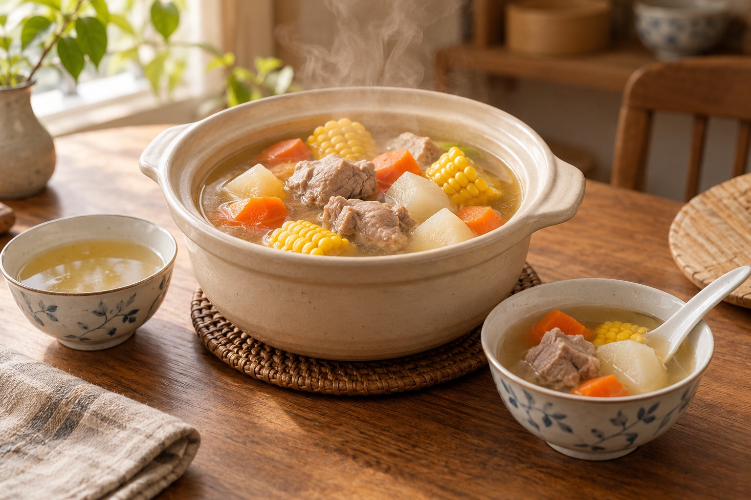 A pot of Chinese-style soup with serving bowls on a home table.