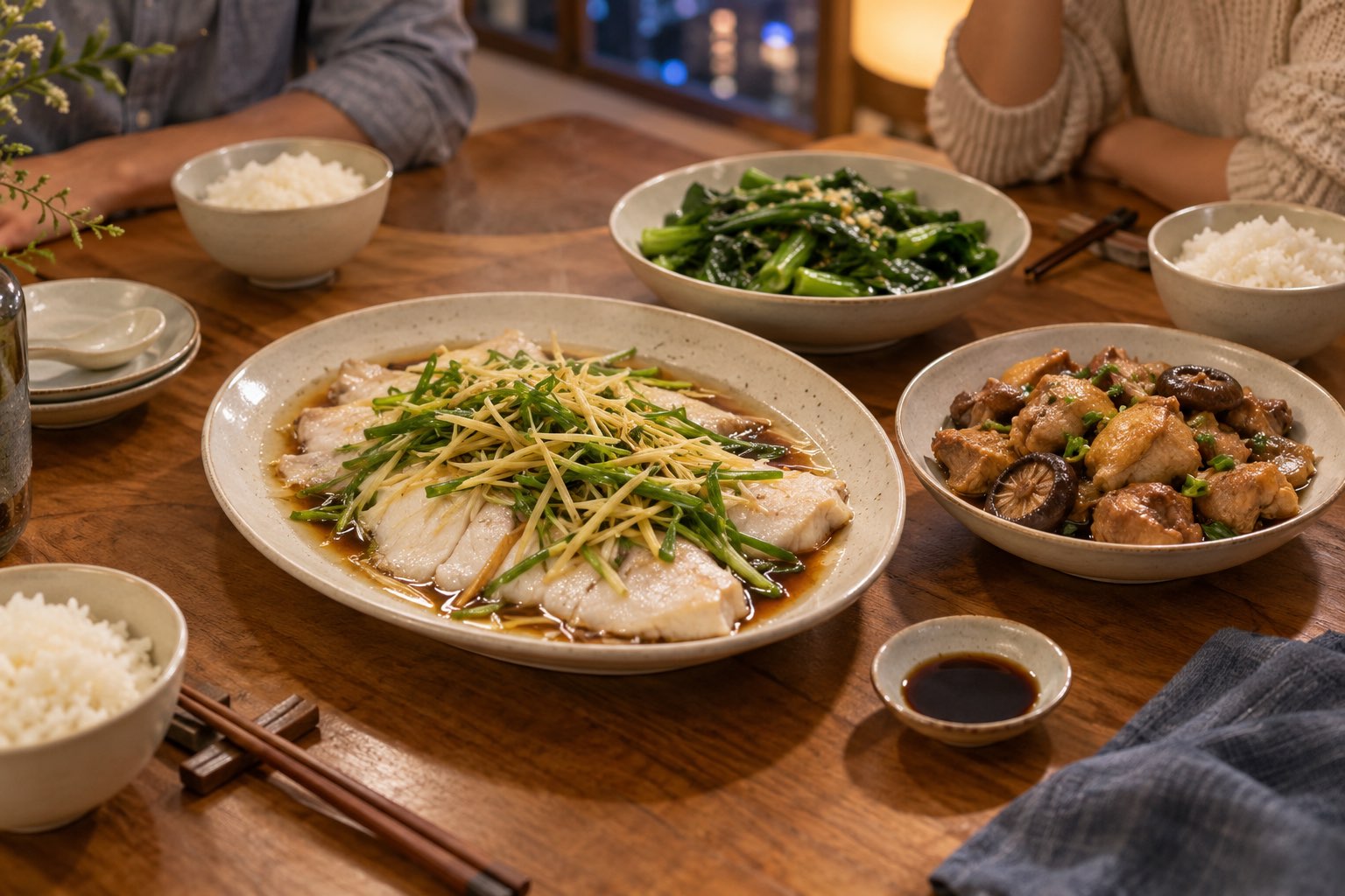 A home dinner table with cooked fish, chicken, greens and rice.