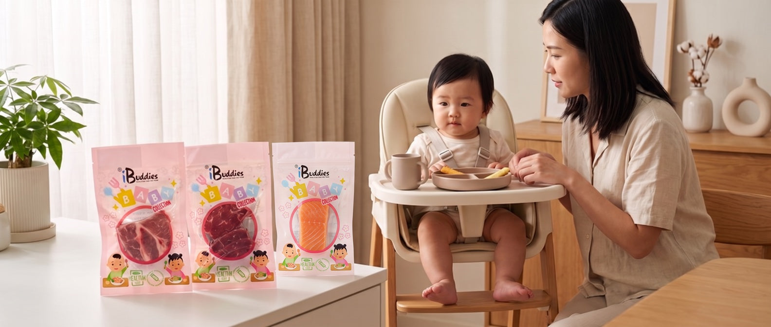 iBuddies Baby Collection ingredient packs beside a parent and baby at mealtime.
